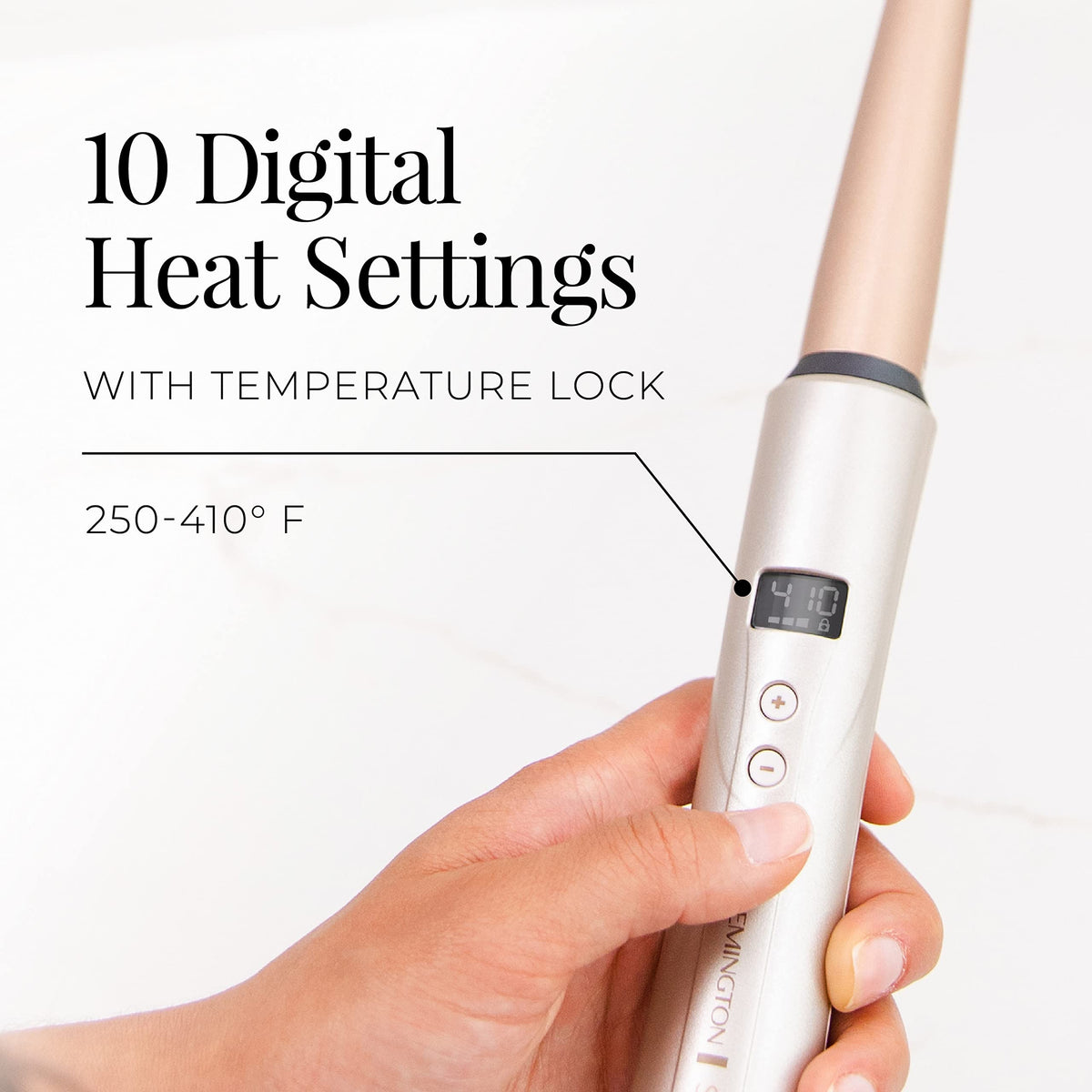 Remington wand in use curling hair into loose waves for natural, shiny results