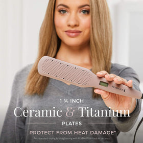 Remington styling damp hair showing steam icon active for faster routine