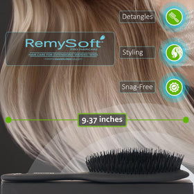 RemySoft brushing a weave and clip-in extensions illustrating safe styling for attached hair