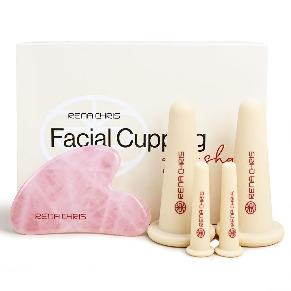 Rena Chris front packaging showing complete facial cupping set and gua sha benefit gift-ready