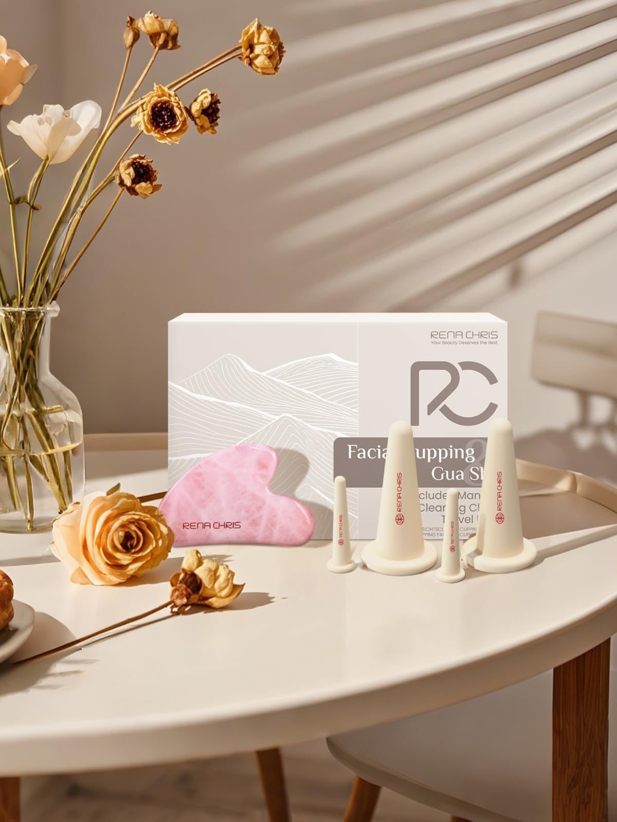Rena Chris set staged on vanity suggesting daily ritual and self-care benefit