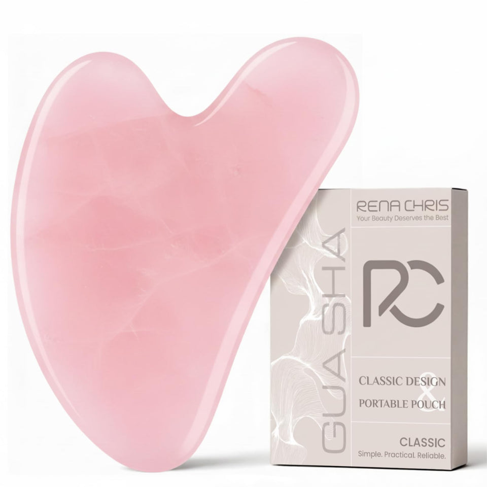 Rena Chris rose quartz gua sha front packaging showing elegant box and tool, enhances gifting