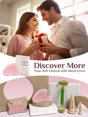 Rena Chris gua sha in use on cheek with gentle strokes, supports soothing facial massage