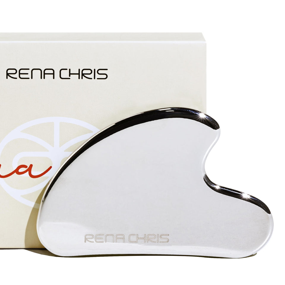 Rena Chris stainless steel gua sha front view showing sleek shape for precise sculpting