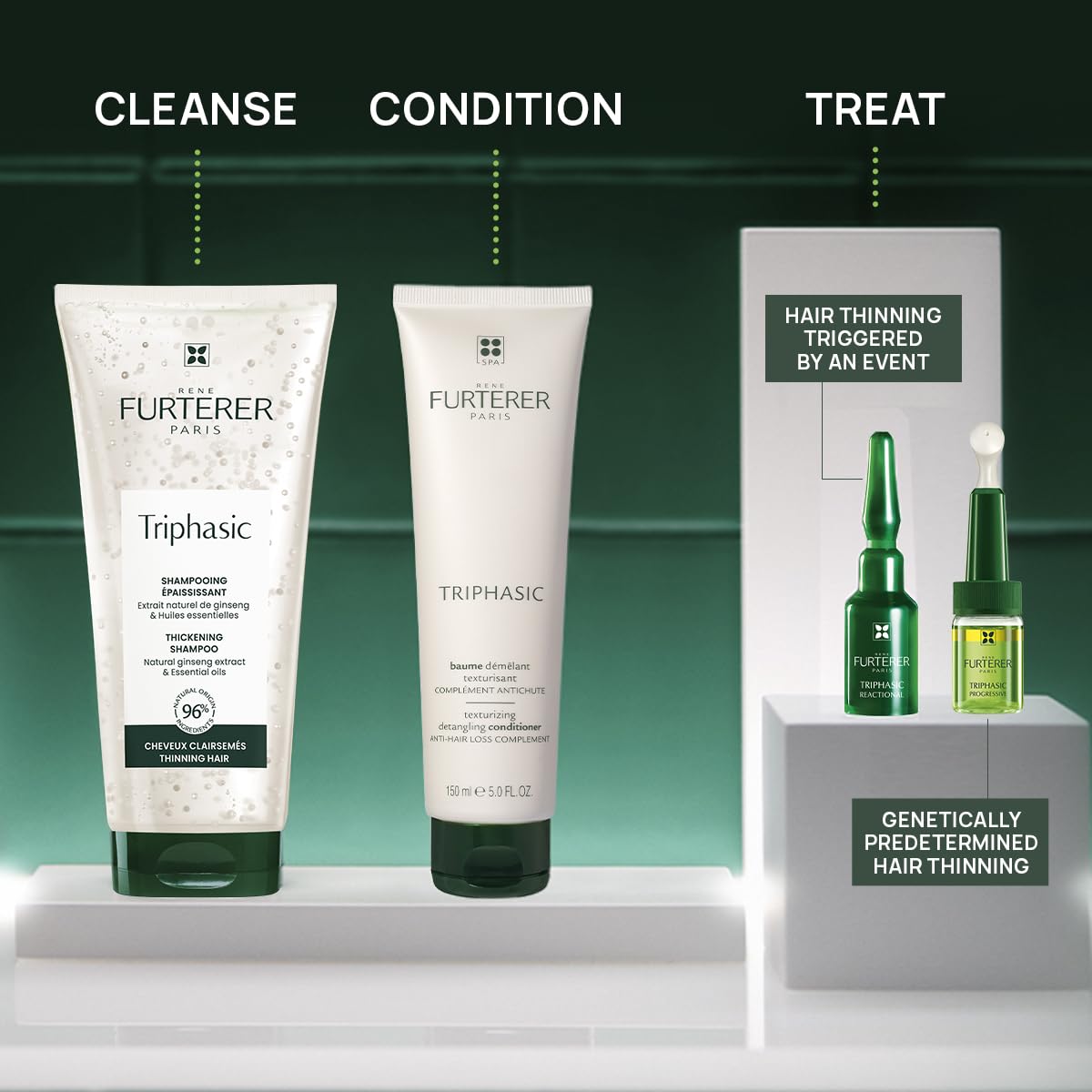 René Furterer on bathroom shelf in lifestyle scene promoting daily scalp care ritual