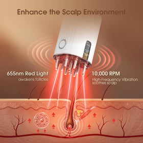 Renergy device vibrating on scalp showing soothing massage benefit