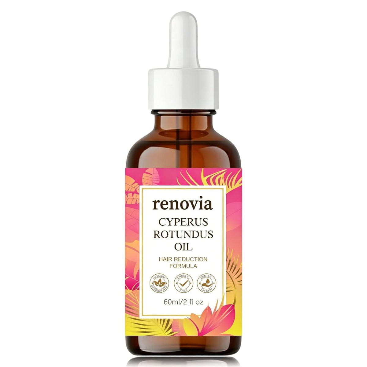 Renovia bottle front view showing clear label and herbal oil benefits
