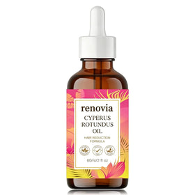 Renovia bottle front view showing clear label and herbal oil benefits