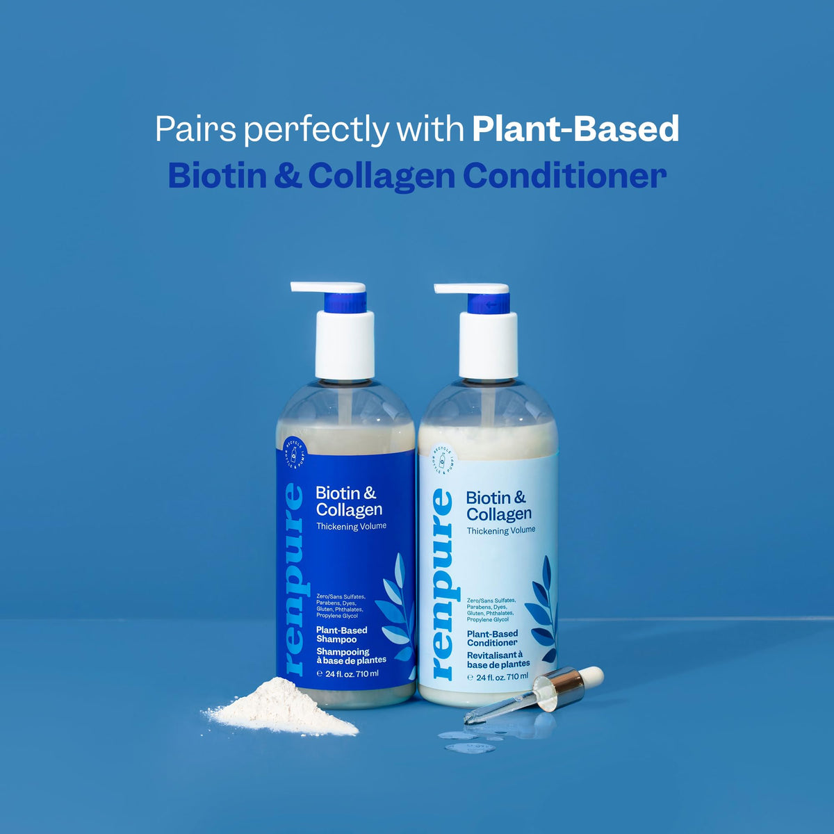 RENPURE bottle label detail indicating plant-based ingredients and recycled plastic