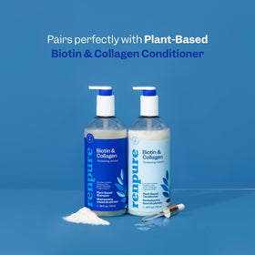 RENPURE bottle label detail indicating plant-based ingredients and recycled plastic
