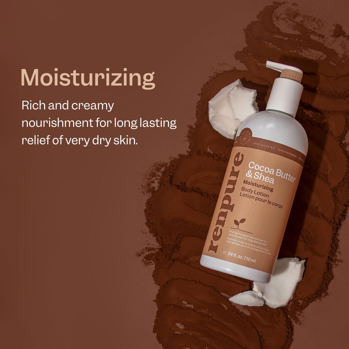 RENPURE close-up texture showing creamy cocoa and shea moisturizing effect