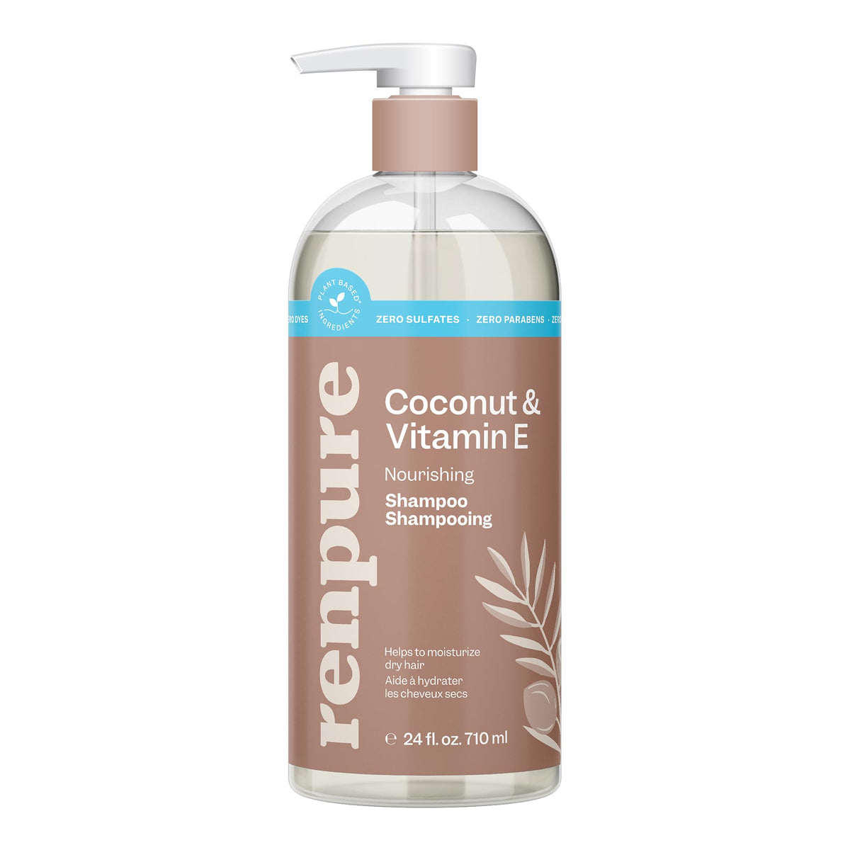 Renpure bottle front packaging showing coconut and vitamin E for nourished hair