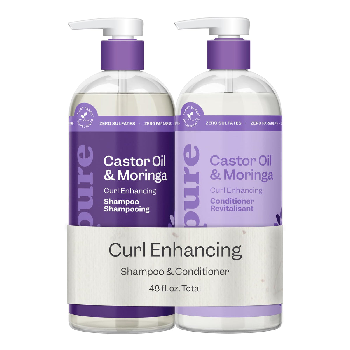 RENPURE front packaging of castor oil and moringa shampoo conditioner set showing size and branding benefits