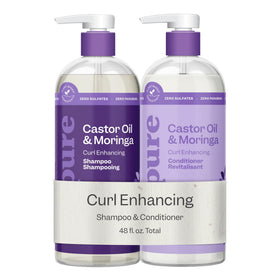 RENPURE front packaging of castor oil and moringa shampoo conditioner set showing size and branding benefits