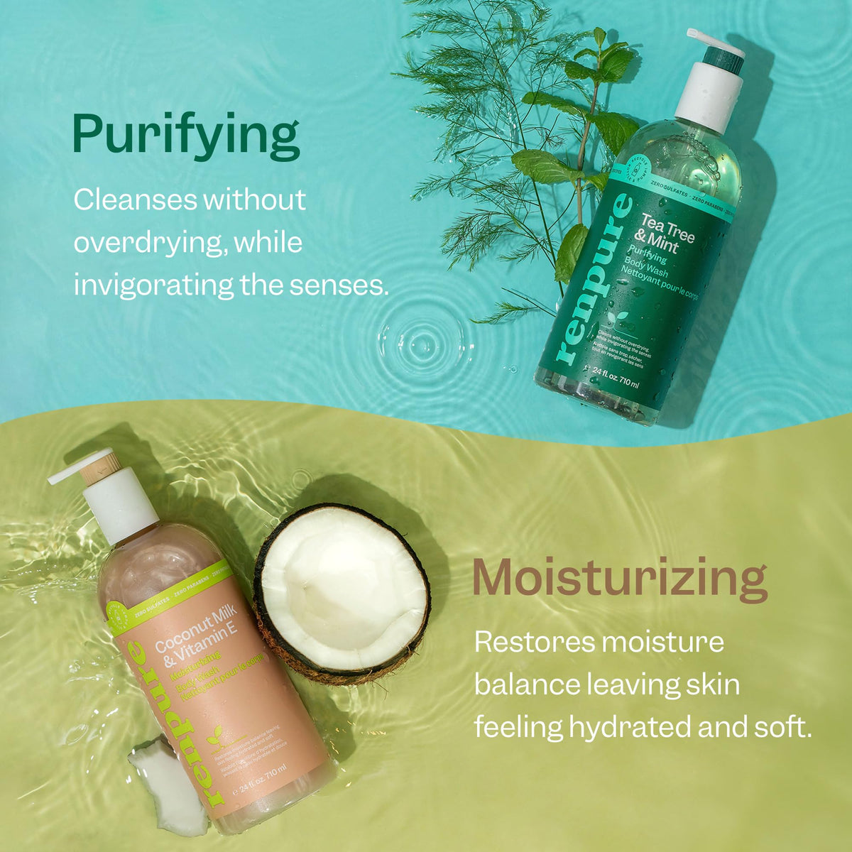 RENPURE coconut milk vitamin e front bottle showing hydration benefit