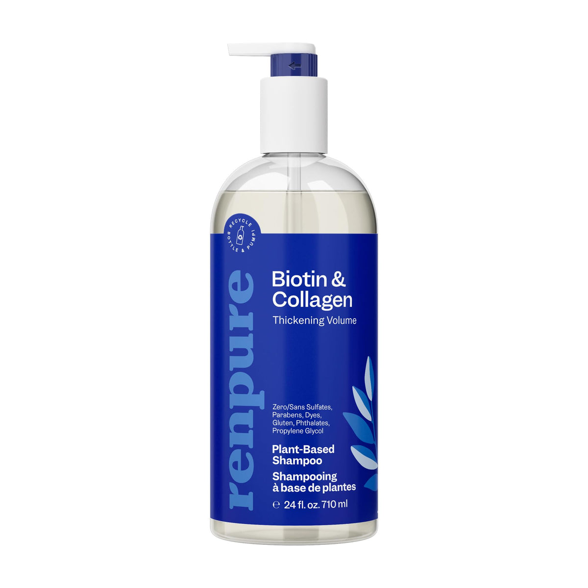 RENPURE front pump bottle showing label and size, highlights recyclable packaging
