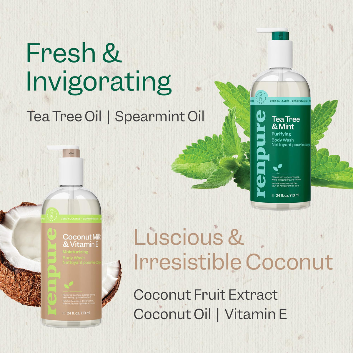 RENPURE tea tree mint ingredient label highlighting purifying benefit