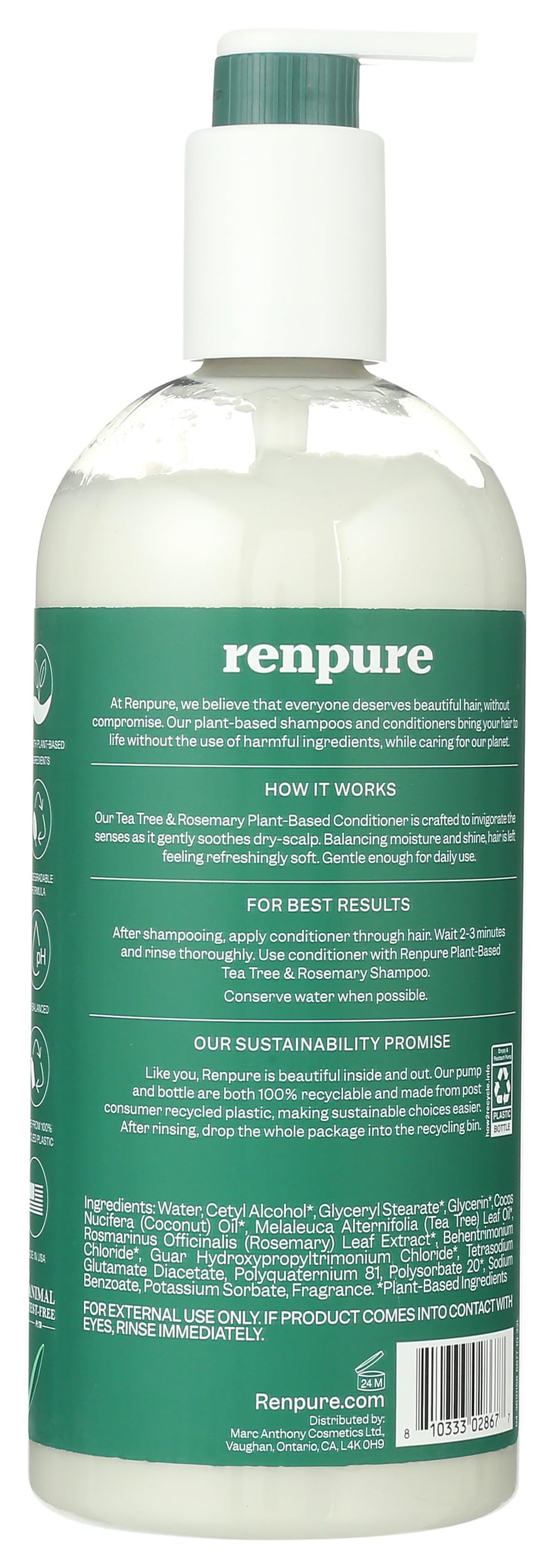 RENPURE label close-up highlighting tea tree and rosemary ingredients and benefits