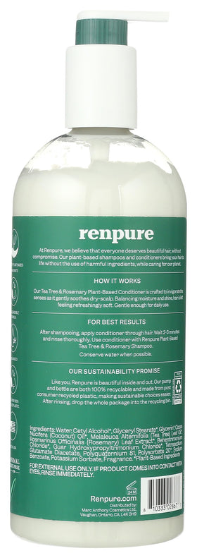 RENPURE label close-up highlighting tea tree and rosemary ingredients and benefits