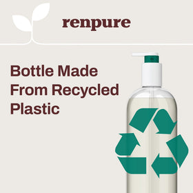 RENPURE bottle on shower shelf with steam, suggests calming daily ritual