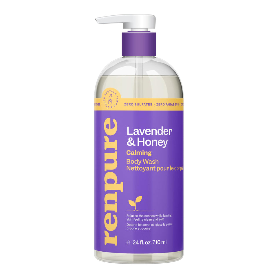 RENPURE front bottle view showing label and scent, highlights gentle cleansing