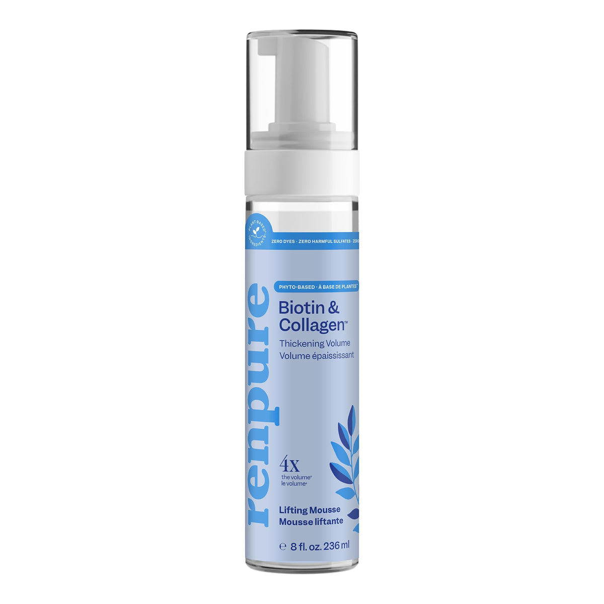 Renpure front packaging showing bottle and label, benefits of lightweight volume