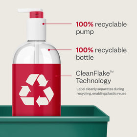 RENPURE bottle label highlighting recycled plastic and eco benefit