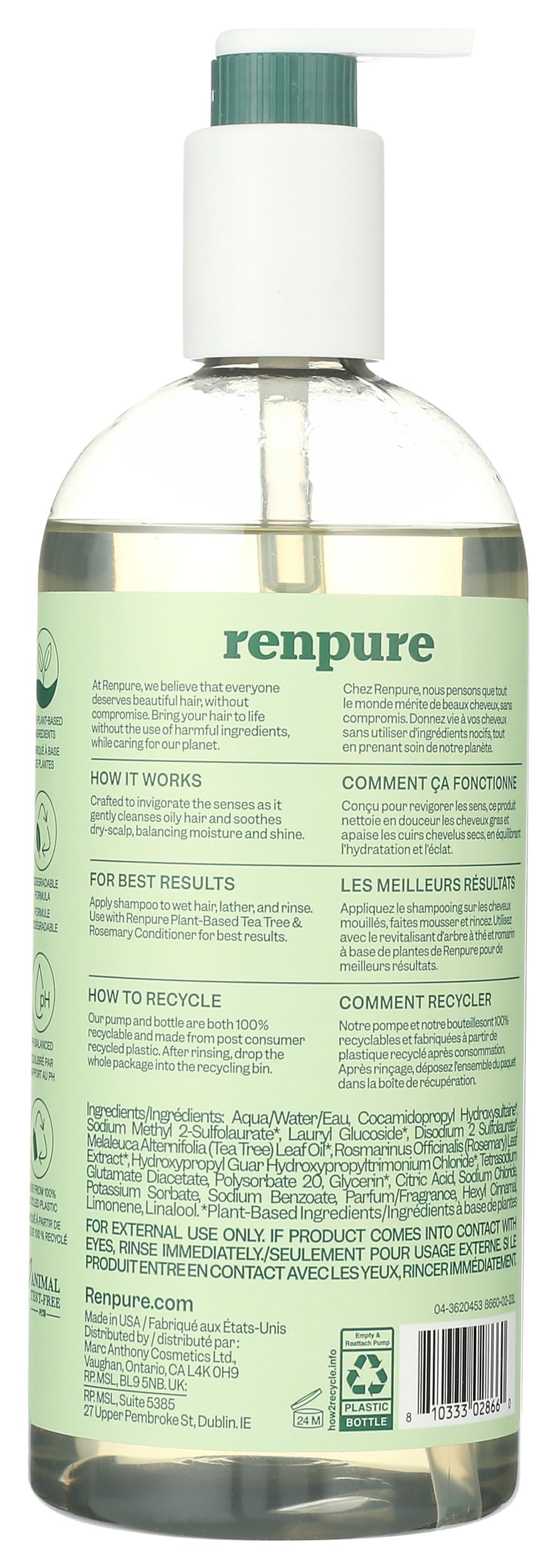 Renpure pump dispensing shampoo demonstrating easy, mess-free usage benefit