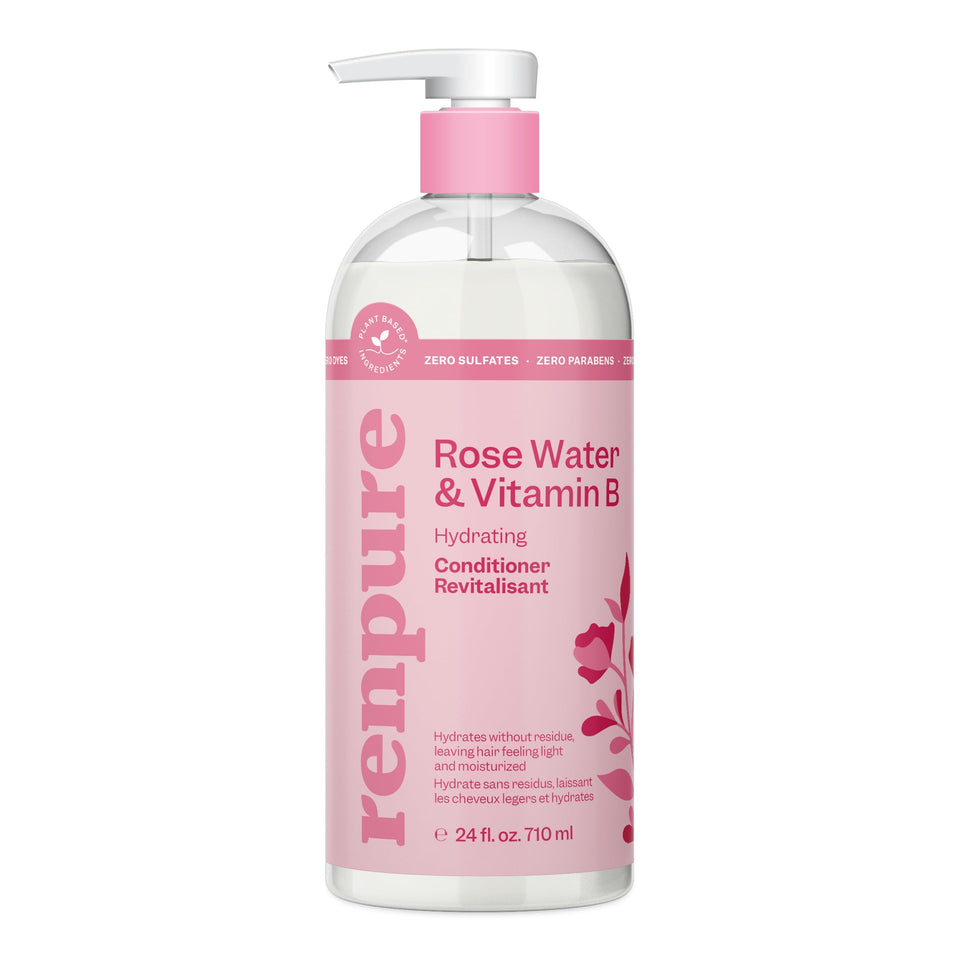 Renpure front label showing rosewater conditioner and clean-ingredient benefit