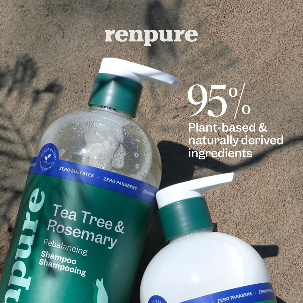 RENPURE shampoo pump close-up highlighting clear label and easy dispensing