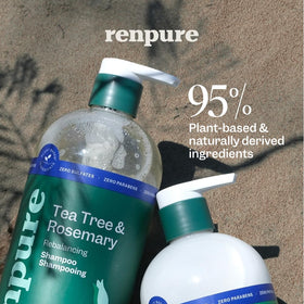RENPURE shampoo pump close-up highlighting clear label and easy dispensing