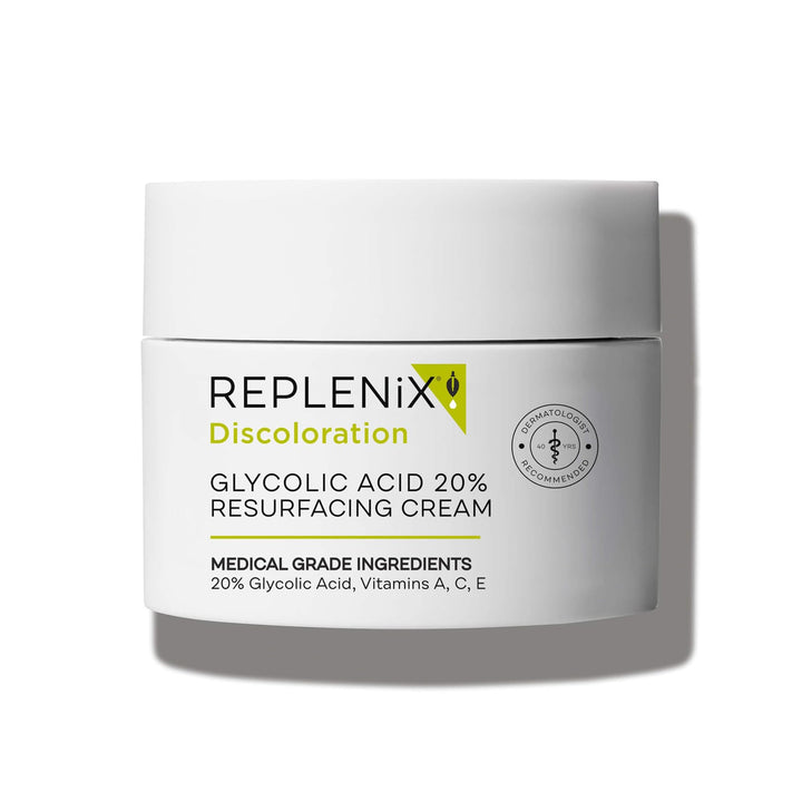Replenix front packaging showing product and key claims for exfoliation benefit