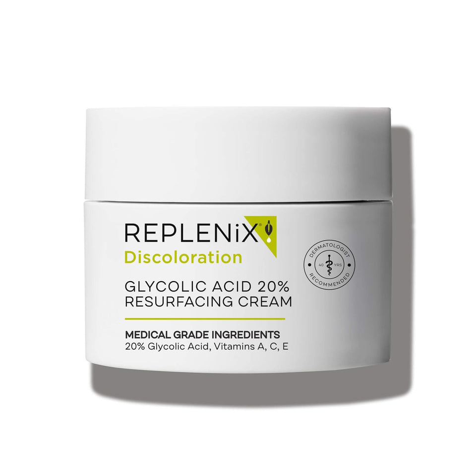 Replenix front packaging showing product and key claims for exfoliation benefit