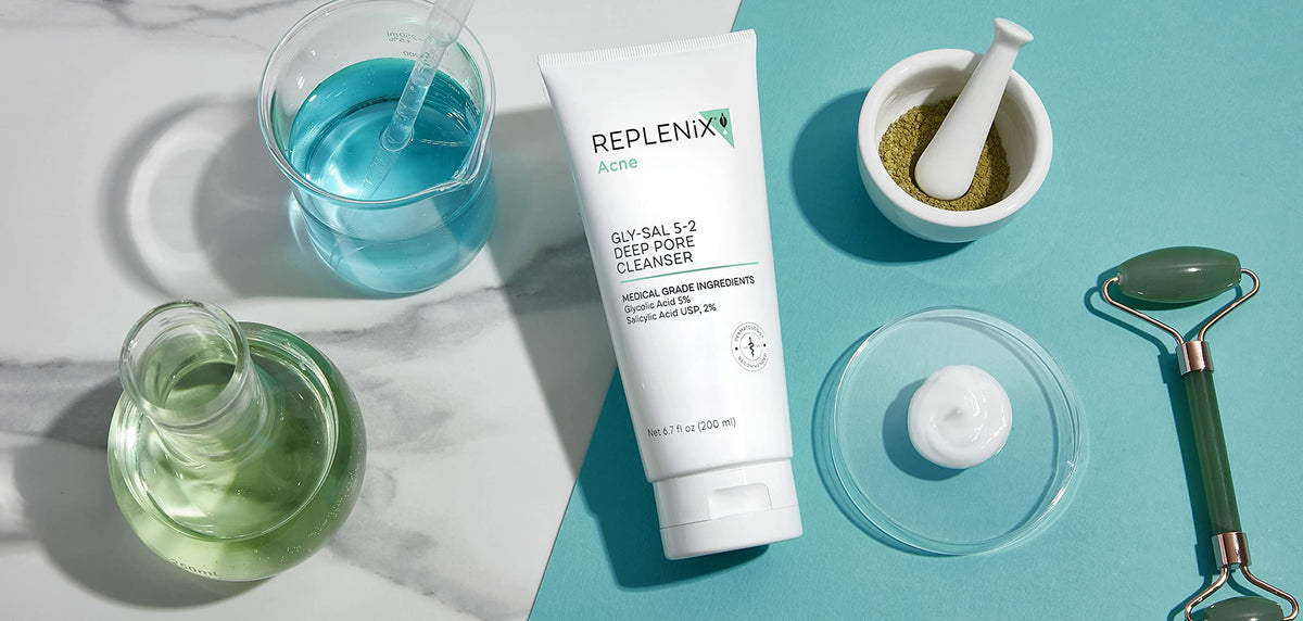 Replenix ingredient label panel showing glycolic and salicylic concentrations