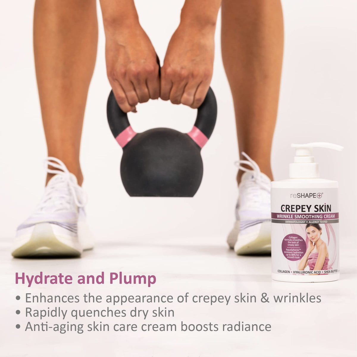 Reshape+ pump dispensing cream demonstrating easy, hygienic application and control