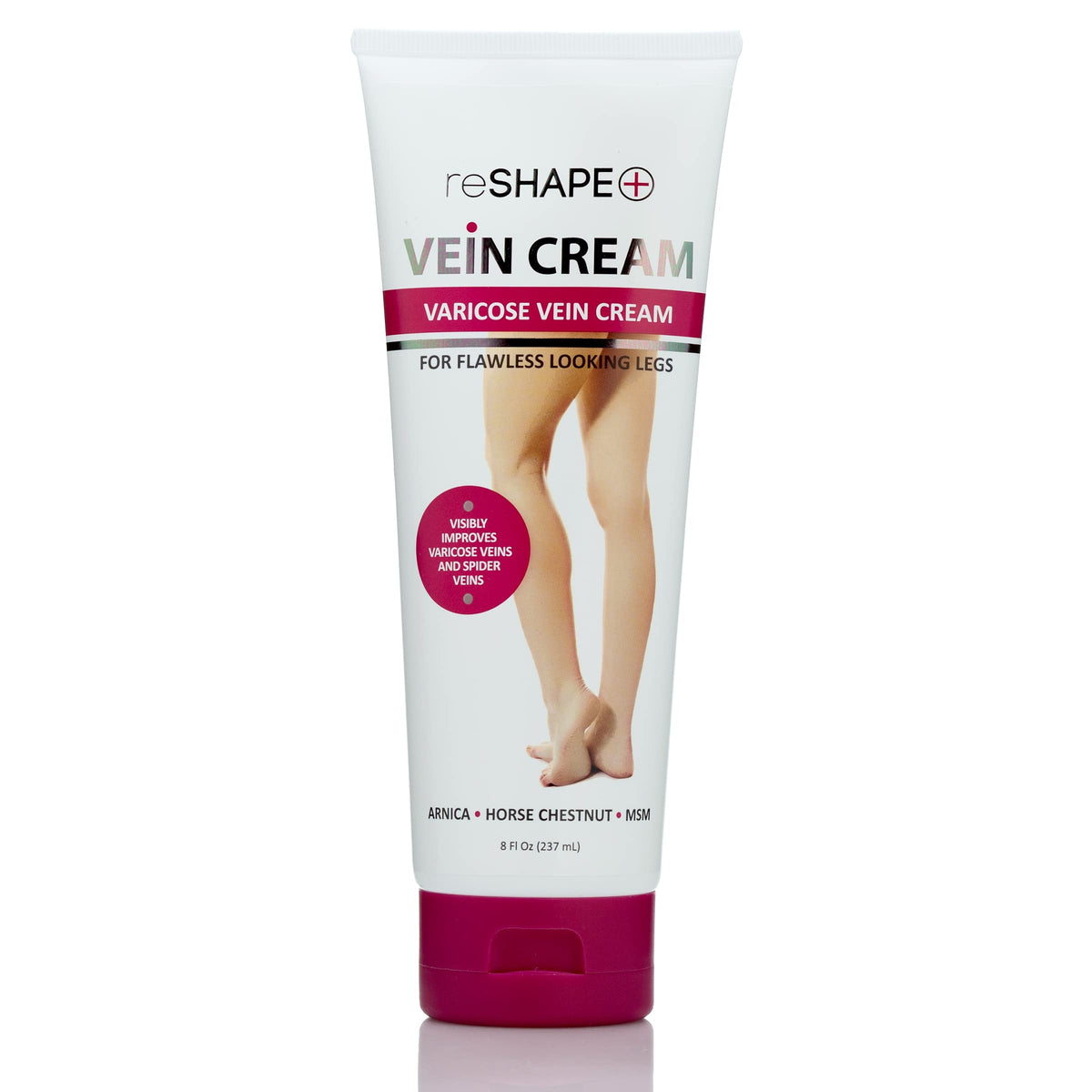 Reshape+ front tube packaging showing label and 8 fl oz size for targeted vein care