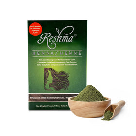 Reshma Beauty front packaging showing dark brown henna benefits of vibrant color