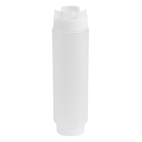 Restaurantware front view of six clear squeeze bottles for quick identification