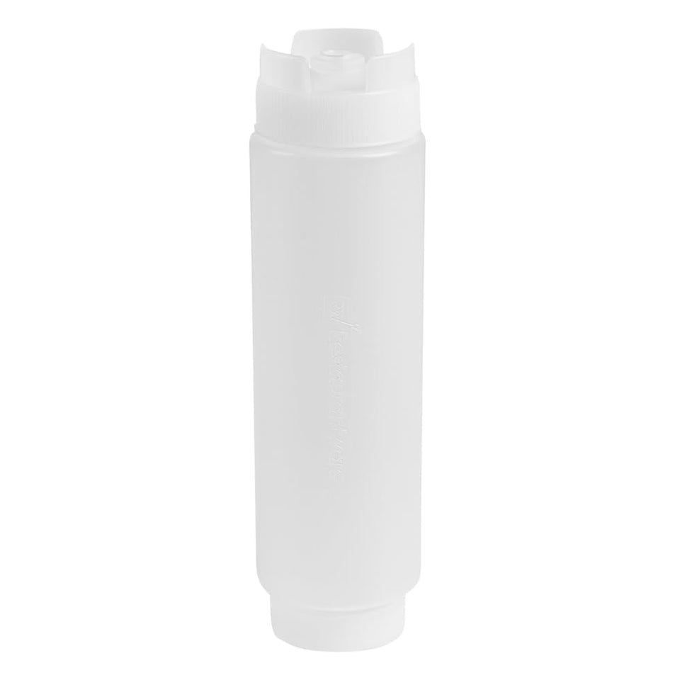 Restaurantware front view of six clear squeeze bottles for quick identification