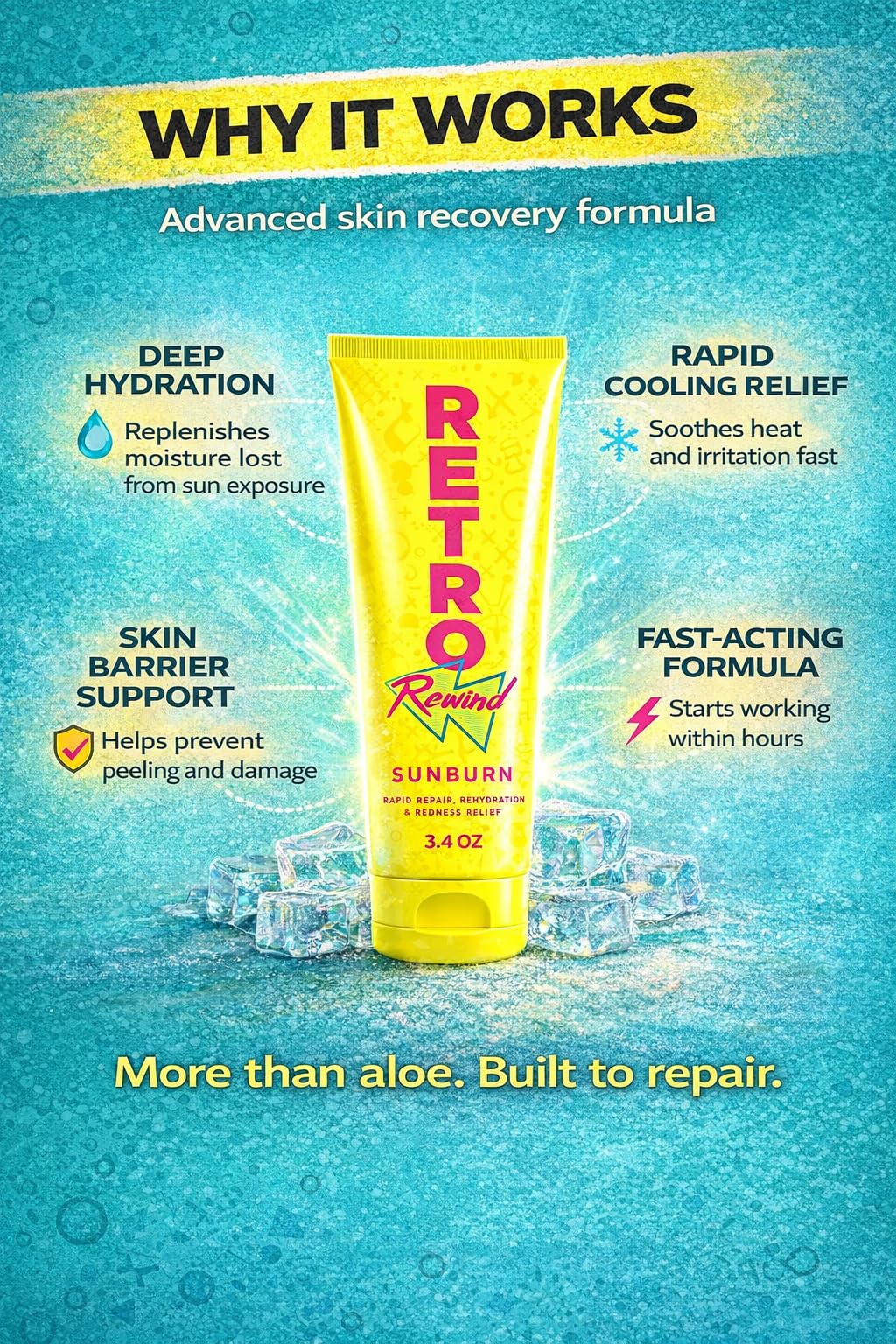 RETRO Rewind used on beach towel lifestyle scene conveying fast soothing after outdoor sun exposure