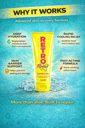 RETRO Rewind used on beach towel lifestyle scene conveying fast soothing after outdoor sun exposure