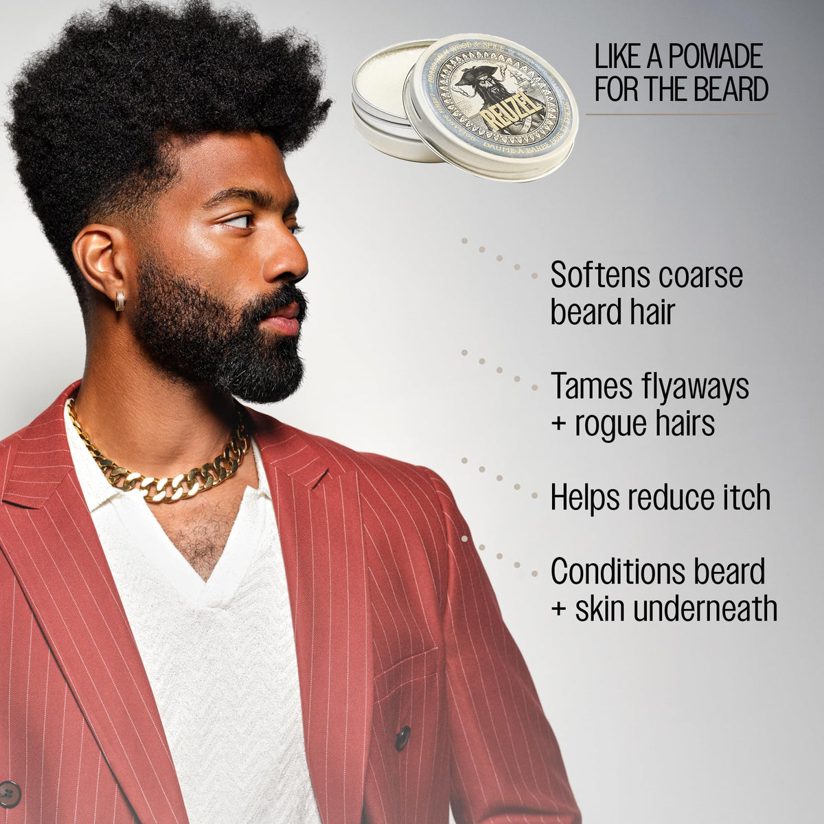 REUZEL before and after beard image demonstrating softer, neater beard