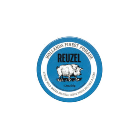 REUZEL Blue Pomade front jar showing label and warm vanilla-wood scent