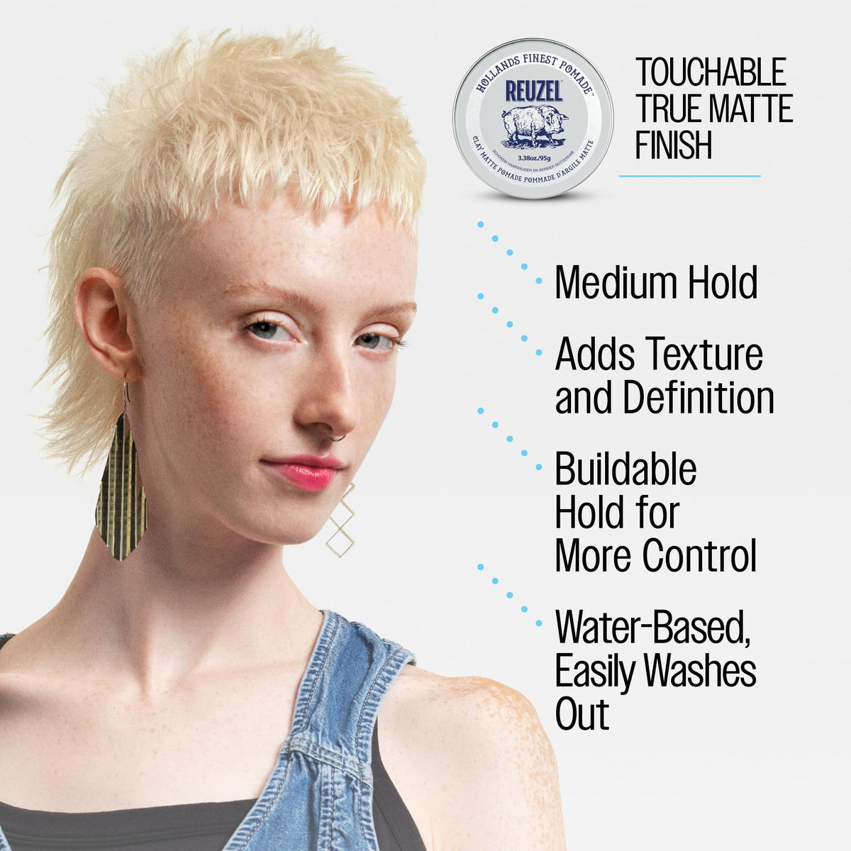 REUZEL styled hair close-up displaying matte texture and defined separation