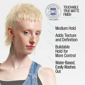 REUZEL styled hair close-up displaying matte texture and defined separation