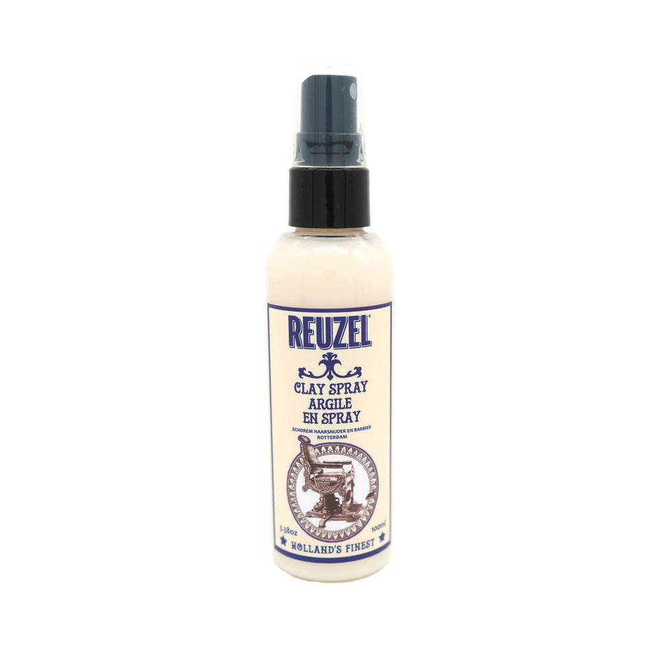 Reuzel Clay Spray front view showing bottle and matte finish benefit