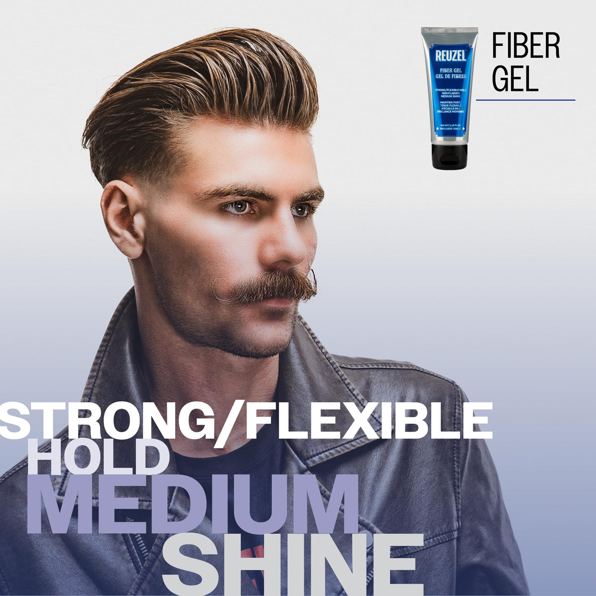 Reuzel fiber gel open jar close-up texture, brand shows pliable hold