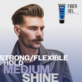 Reuzel fiber gel open jar close-up texture, brand shows pliable hold