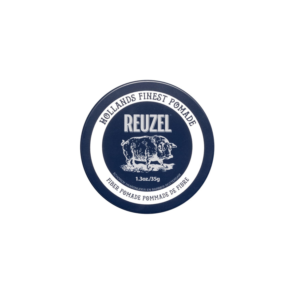 REUZEL Fiber Pomade front can showing label and low‑shine benefit