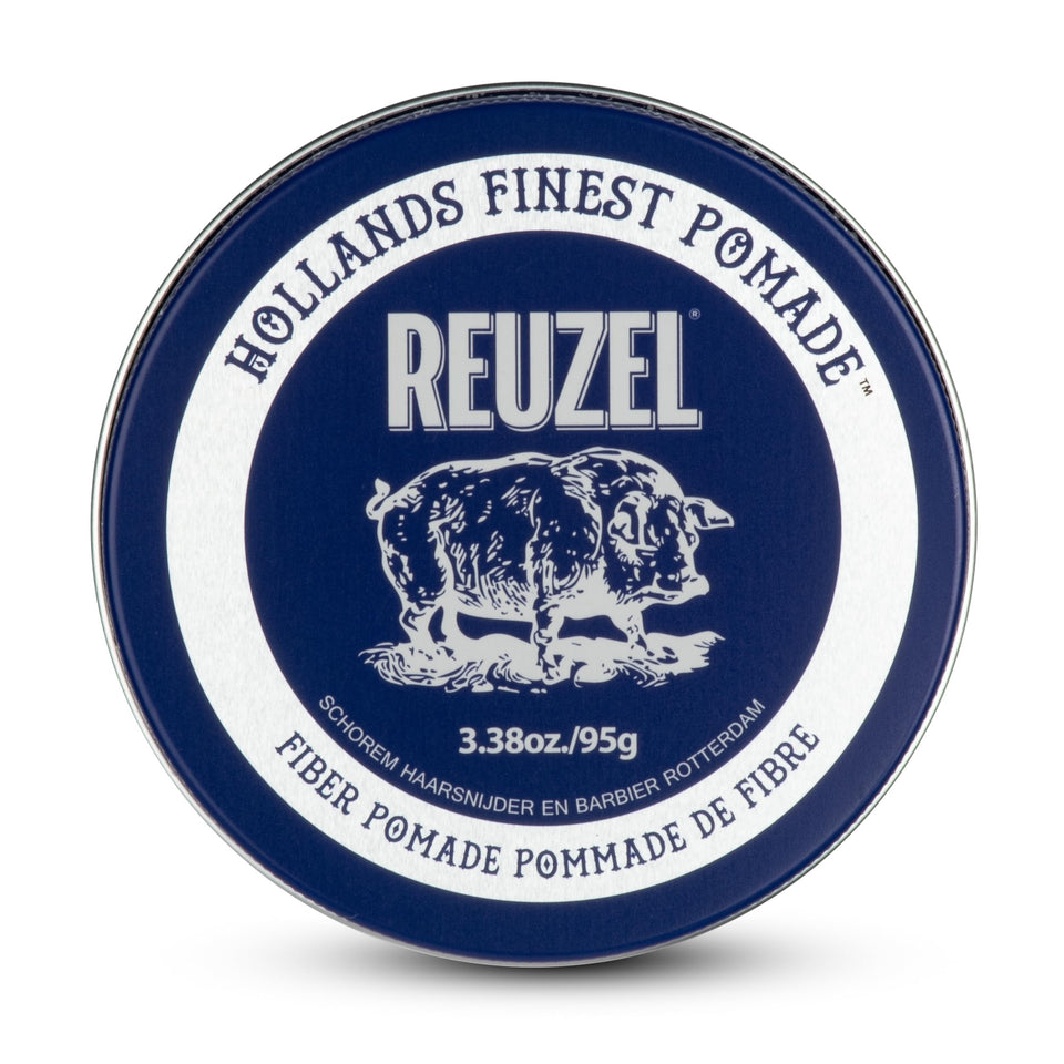 REUZEL fiber pomade front tin showing clean matte packaging and product size